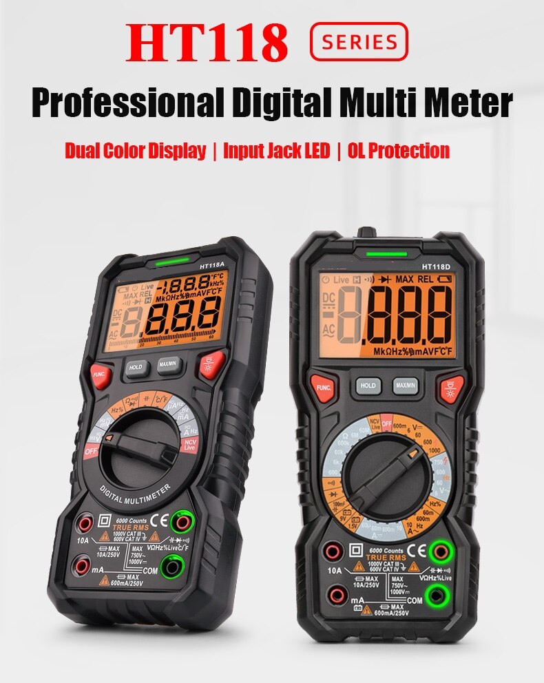 Ht118 High Precision 6000 Count 1000V AC Digital Meter OHM HZ Live C/F Duty Multi-Meter Voltage Meter