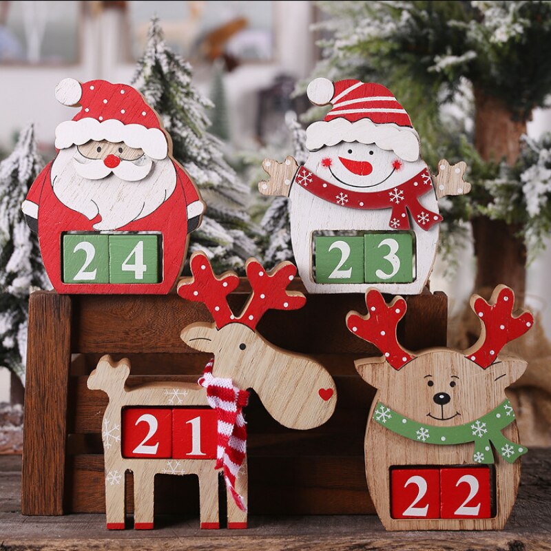 Santa Claus Wooden Advent calendar Snowman Elk Calendar Ornaments Kid Christmas Decor Cartoon Ornaments