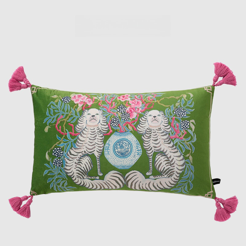 Housse de coussin rectangulaire avec pompon mignon chien, taie d'oreiller imprimée Double face en velours doux, décoration de canapé, chambre à coucher, voiture 30x50cm: MULTI