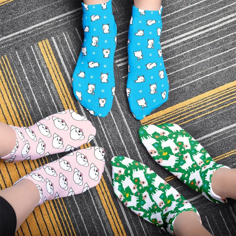 Cute Crew Cartoon Socks Women Animals Alpaca Patterned Socks Happy Korea Harajuku Kawaii Socks For
