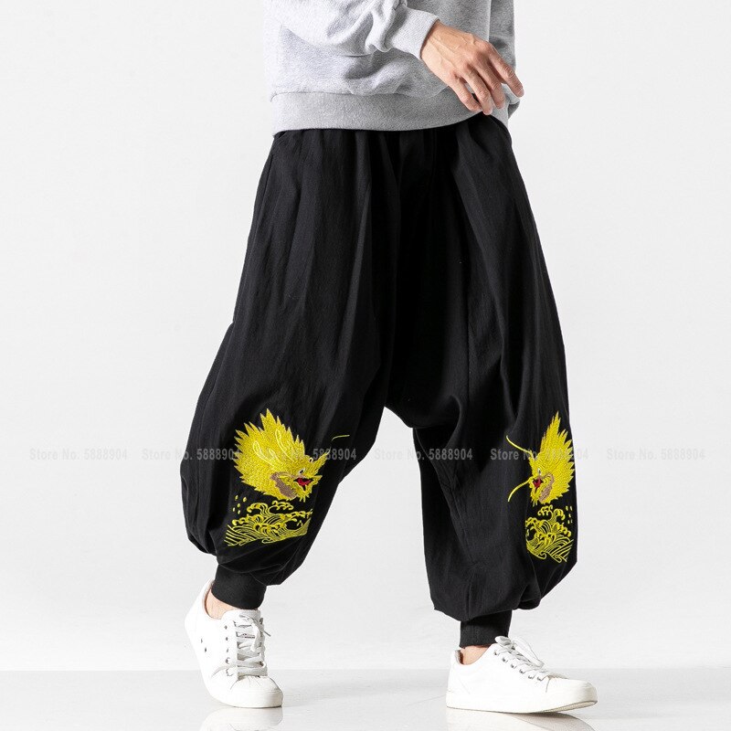 Homme Dragon broderie Style chinois coton lin Bloomers hommes décontracté large jambe pantalon sarouel japonais Streetwear