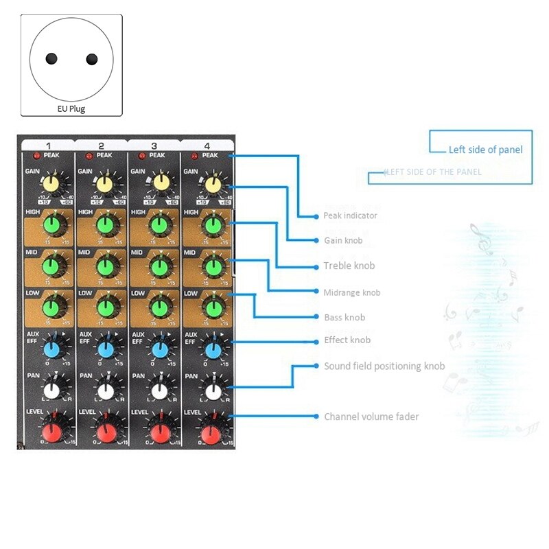 FX-4U 4-Channel USB Jack Portable o Sound Mixer Bluetooth o Sound Mixer(EU Plug)