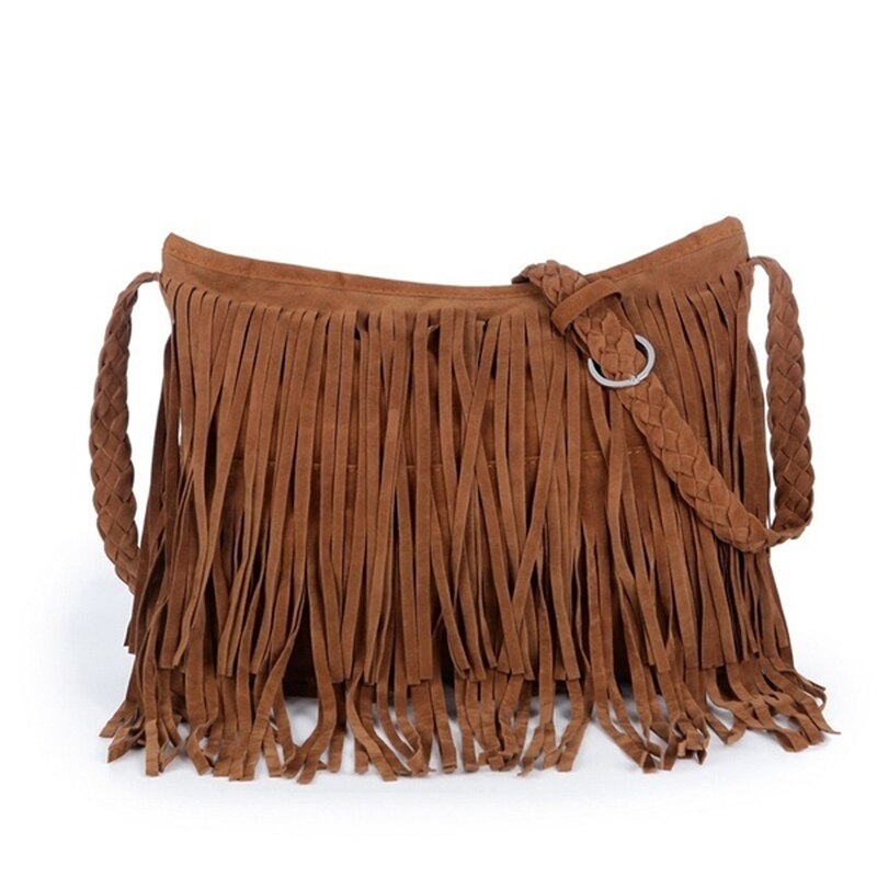 Womens Tassle Fringe Faux Suede Schouder Messenger Crossbody Handtas Portemonnee Zwart Bruin Wit: Brown