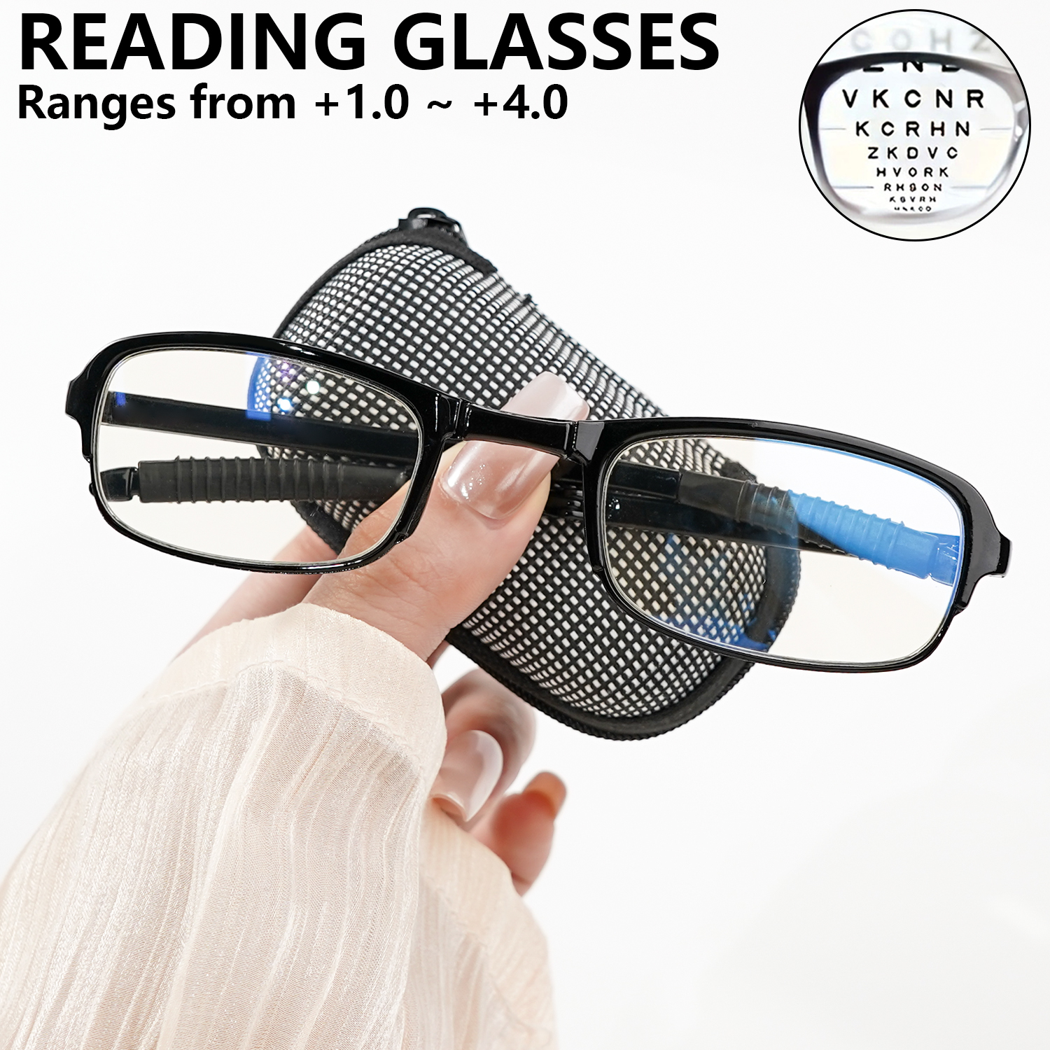 Opvouwbare leesbril voor dames en heren, draagbare blauwlichtblokkerende brillezers met ritssluiting