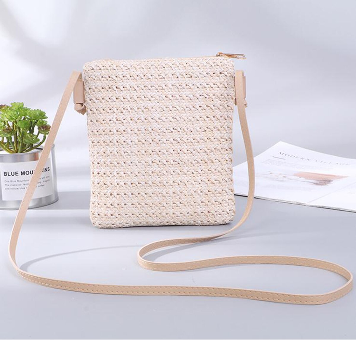 Kvinder damer halmtaske rattan vævet tote pung crossbody messenger taske lille firkantet håndtaske boho strand sommer: Beige