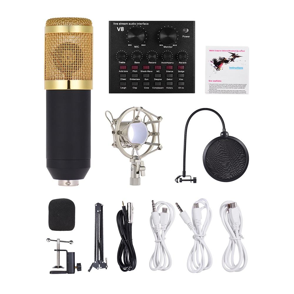 External Audio Mixing Sound Card USB Audio Interface with Multiple Sound Effect Built-in Battery Recording Condenser Mic Kit Set