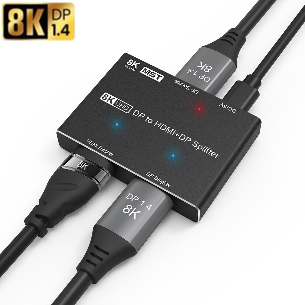 UHD Video Splitter Displayport to Displayport 1.4&amp;HDMI 2.1-Compatible 1x2 MST SST Hub 8K@30Hz 4K@120Hz 2K@240Hz 3D HDR 4:4:4