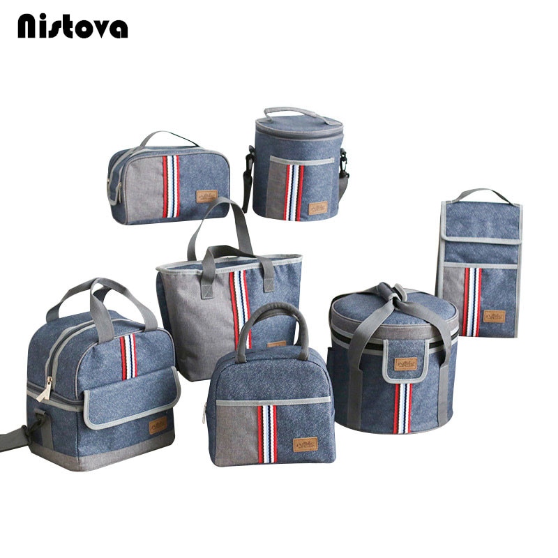 Women Insulated Oxford Lunch Bag Cotton Denim Blue Portable Thermal Lunch Box for Kids Food Cooler Bags Picnic Tote