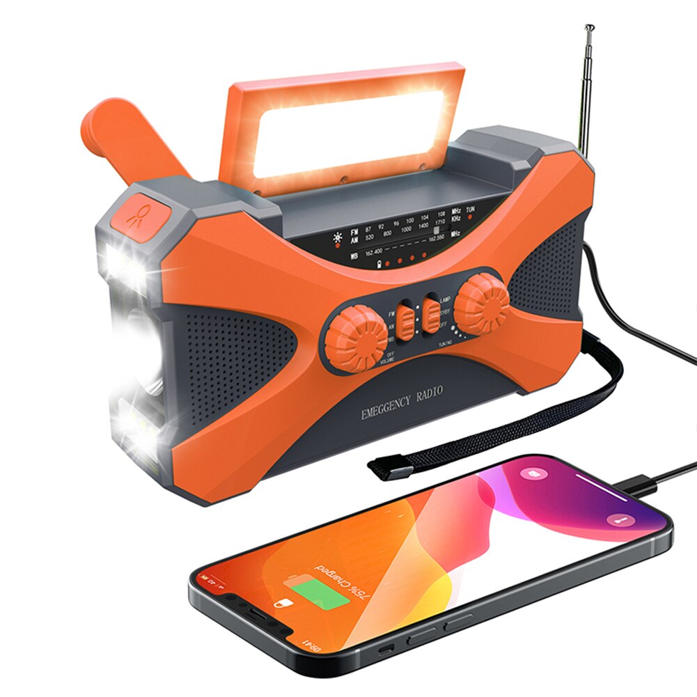 Radio portátil de mano alimentada por dinamo Solar, carga USB, FM, AM, WB, NOAA, multifuncional, meteorológica, con linterna LED, Banco de energía: C Orange