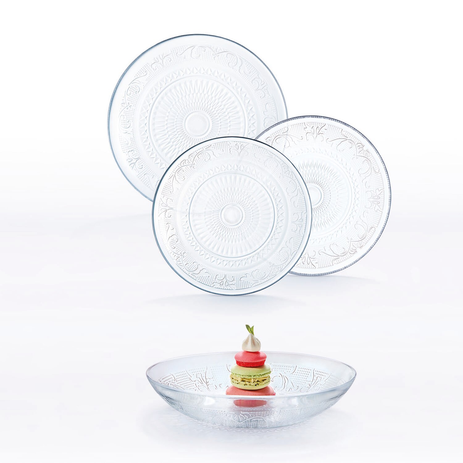 LUMINARC SIXTINE Vajilla 18 Piezas Vidrio Transparente 6 Platos Llanos 6 Hondos 6 Postre Apilable Lavavajillas Microondas Decorado Relieve Inspiración Clásica Vintage