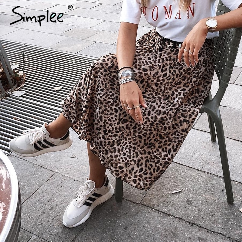 Simplee Vintage Luipaard Print Geplooide Rokken Vrouwen Punk Rock Koreaanse Rok Streetwear Trekkoord Elastische Taille Dames Midi Rokken