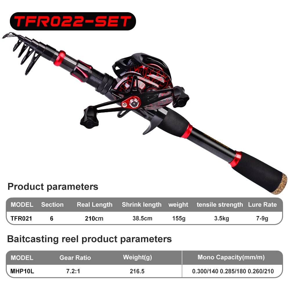 PROBEROS-Juego de caña y carrete de pesca 7,2: 1, carrete de Baitcasting de alta velocidad, 2,1 M, varilla telescópica de fibra de carbono, Kit de gancho de cebo de línea combinado: Rod and Left Reel