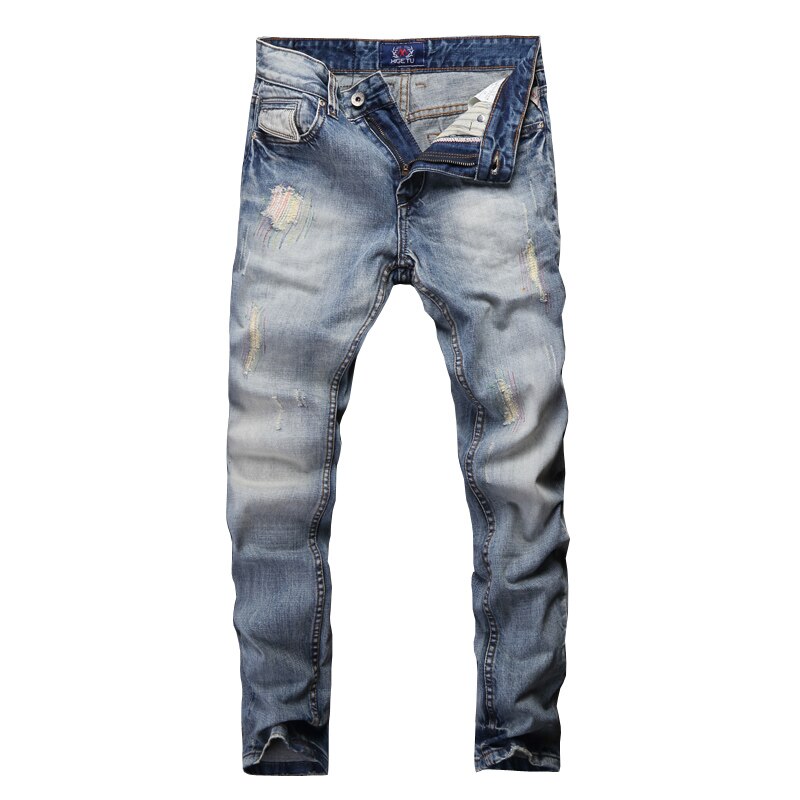 Streetwear heren jeans lichtblauw slim fit destroyed ripped jeans voor heren borduurwerk patch vintage klassieke jeans: 32