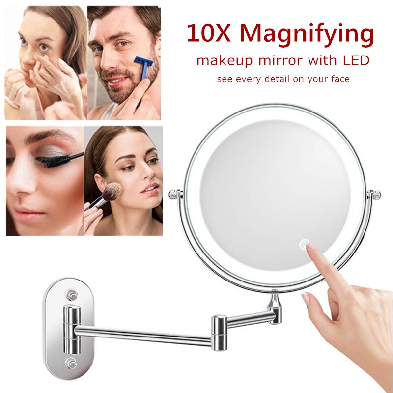 10X Spiegel Met Led Vergrootglas Wandmontage Badkamer Verstelbare Flexibele Spiegel Opklapbare Spiegel Licht Makeup Tools