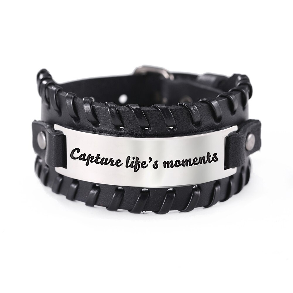 Skyrim-pulsera de cuero con palabras para hombre, brazalete de acero inoxidable, accesorios de joyería, de vida, estilo Punk: 3 black