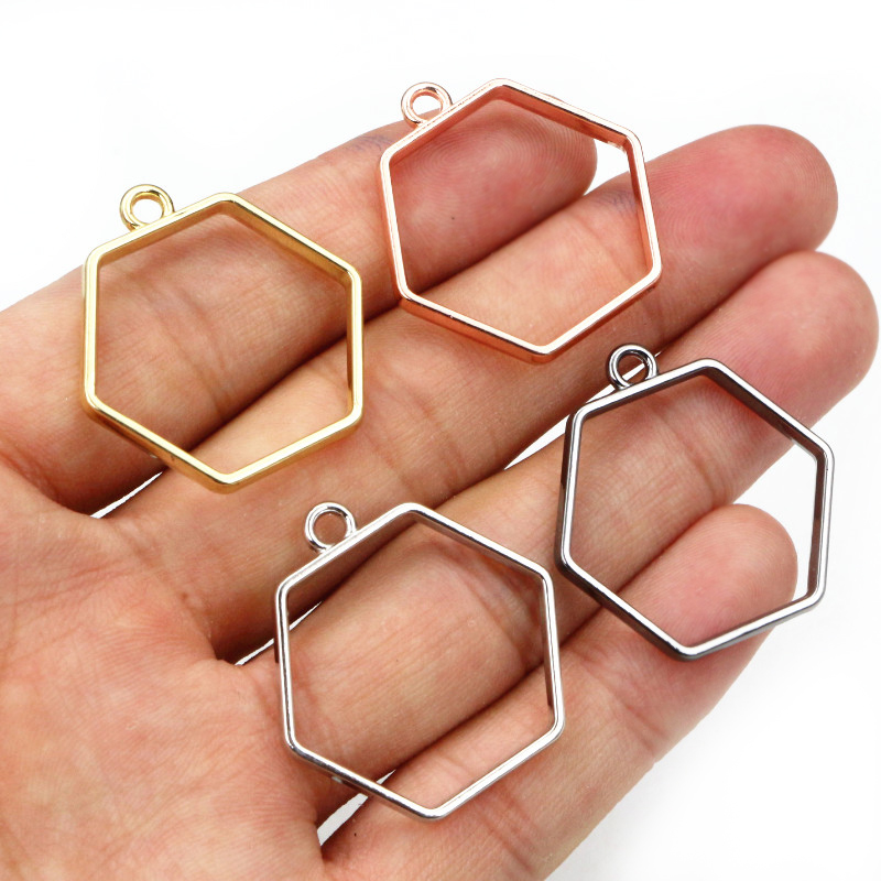 10 unidades, bandeja colgante de resina epoxi hexagonal de 29x28mm con marco metálico hueco de aleación de Zinc para accesorios de fabricación de joyas DIY