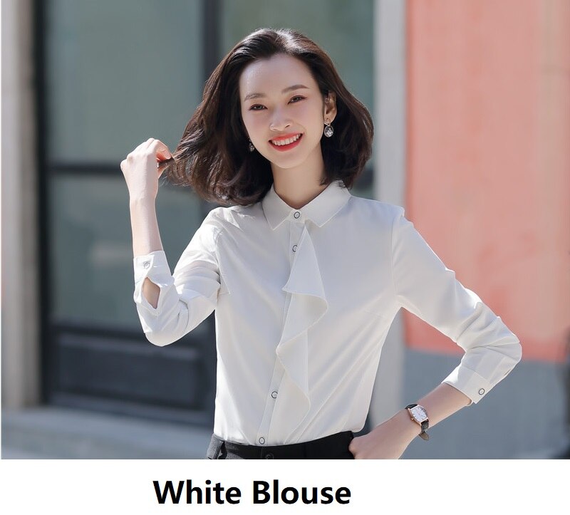 Yellow Styles Spring Summer Blouses Shirts for Women Business Work Wear Long Sleeve Chiffon Blouse Tops Clothes: White / XL