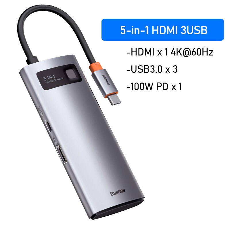 Baseus 11 in 1 USB C HUB Multi HUB Ethernet Network PD 100W Type C Docking Station Splitter USB 3.0 Adapter For Macbook Surface: 5 in 1 USB-C HUB