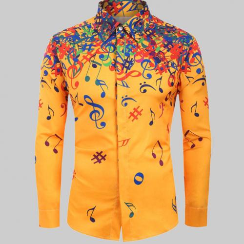 Décontracté hommes automne symboles musicaux imprimer à manches longues boutons vers le bas chemise mince corée symboles de musique en vrac décontracté à manches longues chemise: Jaune / XXL