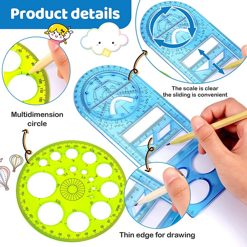 4Pcs Multifunction Ruler Plastic Template Ruler Geometric Circle Template Drawing Templates Clear Measuring Tool