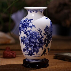 Jingdezhen Blå og Hvit Porselensvase - finne Benporselensvase med Peon - Keramikkvase: C