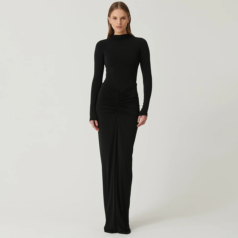 Kryptografisk langærmet sexet bodycon maxikjole outfits klubfest ensfarvet efterårskjoler vestido fødselsdagstøj: L / Sort