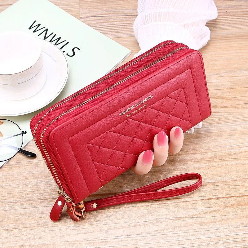 Podwójny długi portfel z zamkiem dla kobiet duża pojemność wysokiej jakości Pu skórzane portfele saszetka typu Clutch torebka Carteras Para Mujer: Double zipper red