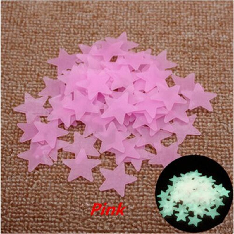 100 stk plast 3d stjerner lyser i mørket selvlysende fluorescerende veggklistremerker: Rosa