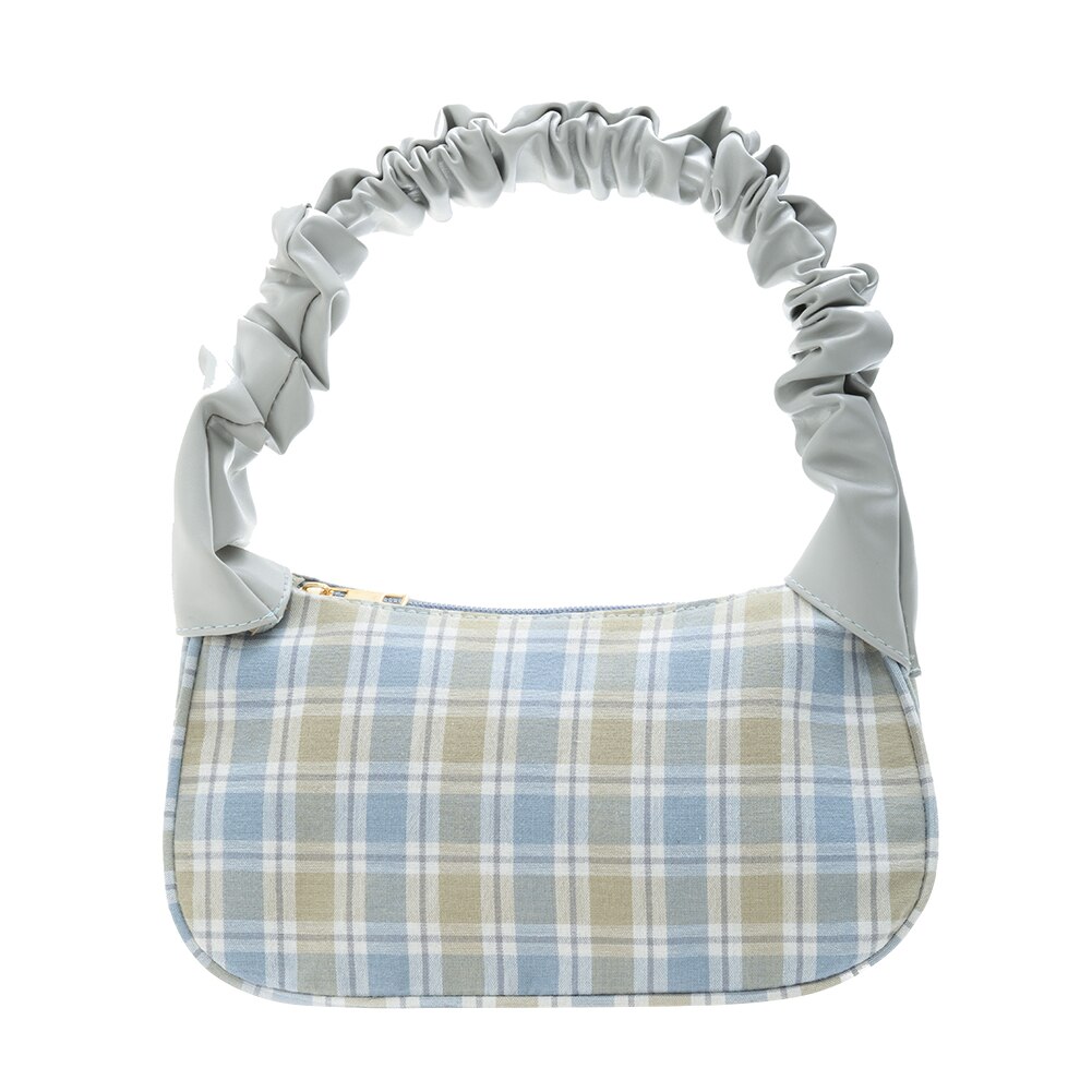 Simple Bear Plaid Printed Pleated Handbags for Women Casual Canvas Armpit Bags Female Small Underarm Shoulder Bags: Grey Plaid