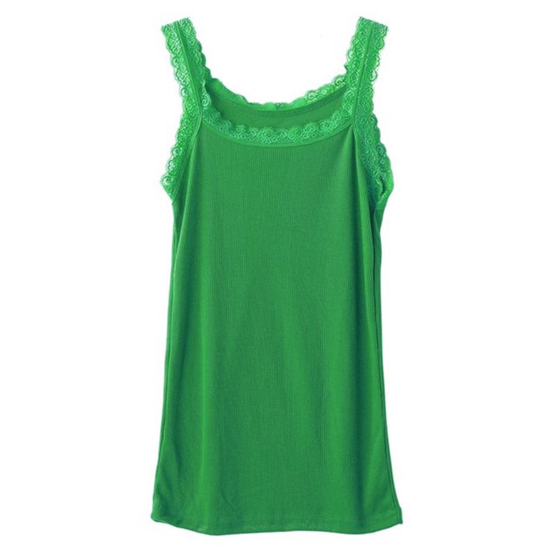 Vrouwen Zomer Mouwloze Tank Solid Candy Kleur Basic Hemdje Bloemen Kant Trim Geribbelde Gebreide Casual Ondergoed Slanke Vest