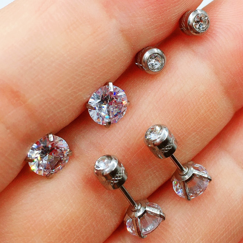 1 Pair 3-6mm Stud Earrings Set Hypoallergenic Double Round Cubic Zirconia Stainless Steel CZ Girls Women Earrings