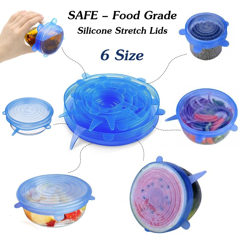 6pc universal silicon stretch lids Reusable lid Silicone food wrap bowl pot lid pan cooking Kitchen Cook Stopper Silicone Cover