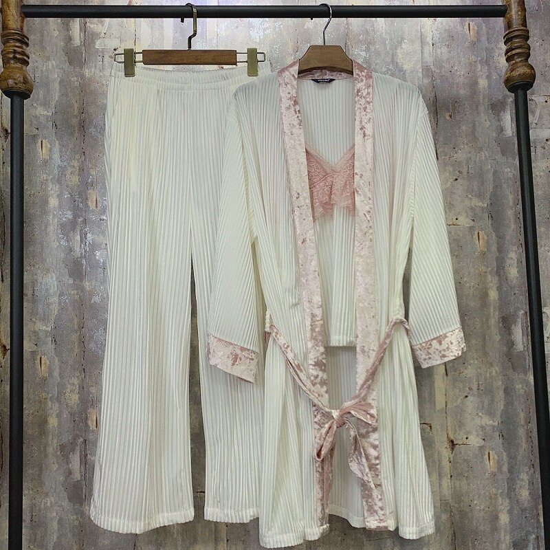 Høst- og vinterpyjamas tredelt dress, kordfløyel med blonder, behagelig og myk hjemmeklær, nattkjoledress.søvnetøy