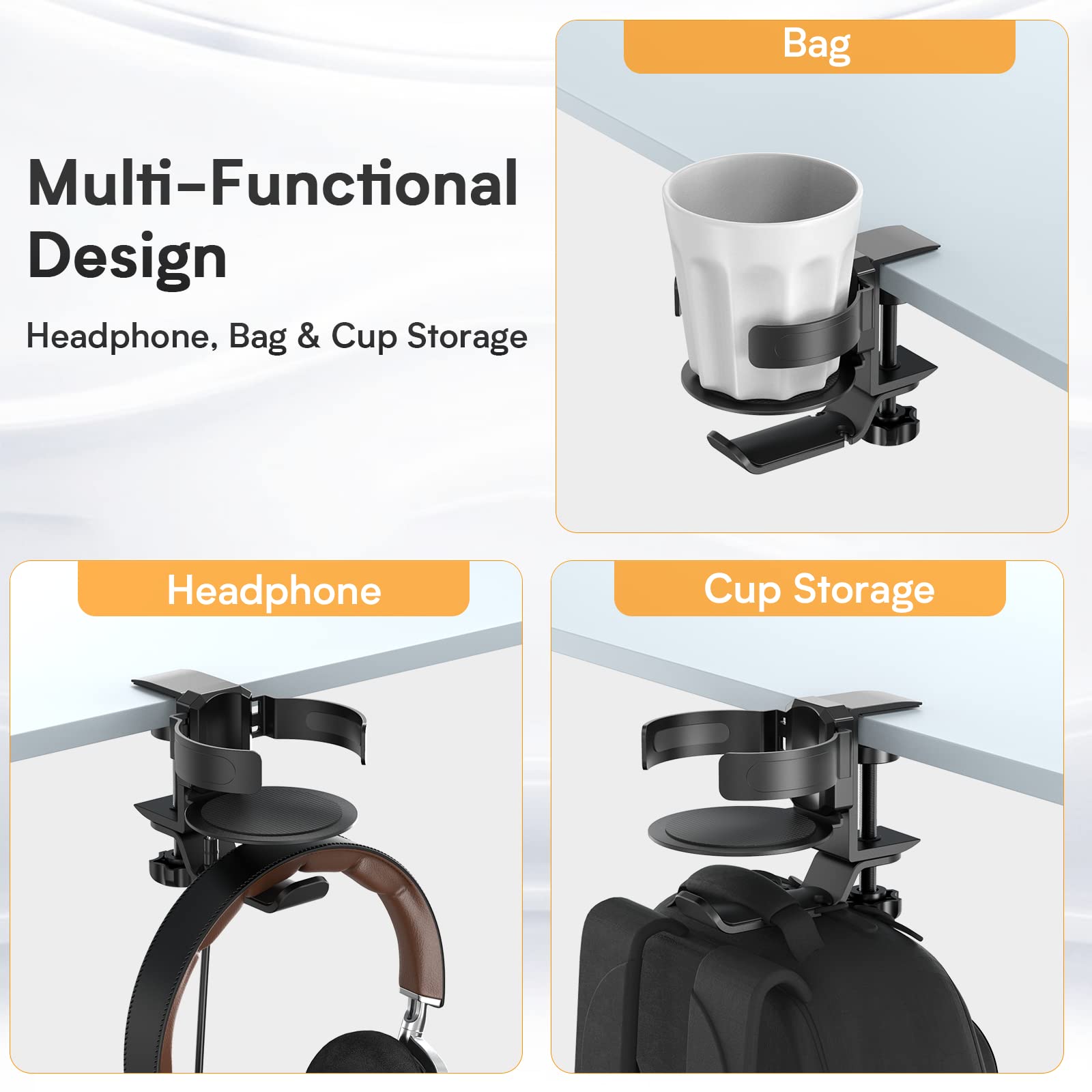 Bureau bekerhouder zwart 2 in 1 - onder tafel hoofdtelefoonhouder mechanisch telescopisch anti-lek bekerholster, 360 ° Rotatiehanger A