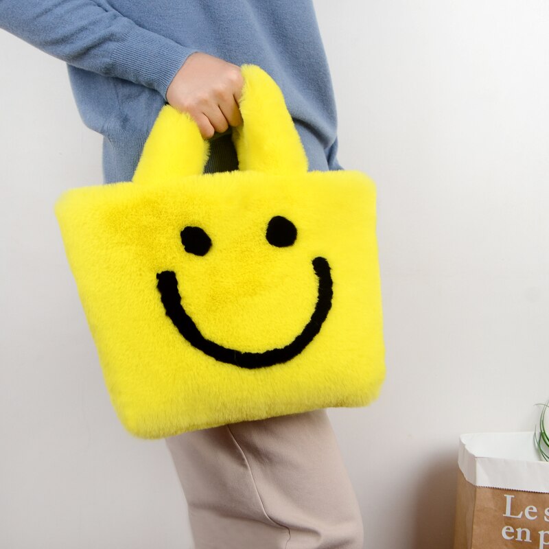 bolso de viaje de de invierno, bolso de mujer sonriente de felpa de invierno, bolso de cadena grande, bolso de mensajero, bolso de cuero suave cálido: yellow