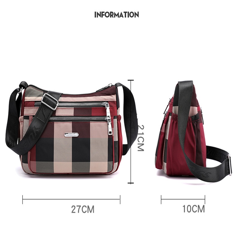 Casual Women&#39;s Shoulder Bag Nylon Waterproof Plaid Crossbody Bag Soft Zip Multi Pocket Versatile Purses And Handbags Sac