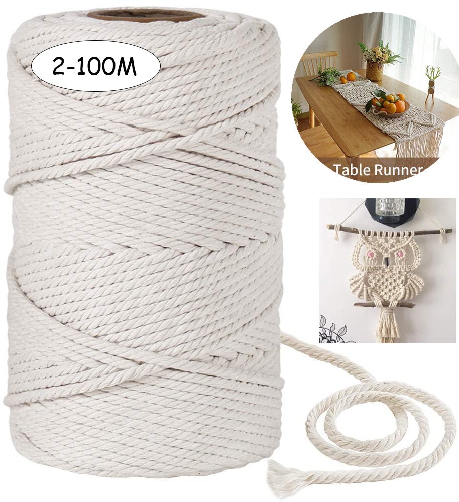 2-100M Natural Cotton Twisted Rope Macrame Cotton Cord Twine String DIY Craft Knitting Christmas Wedding Decor 1/2/3/4/6/8/10MM