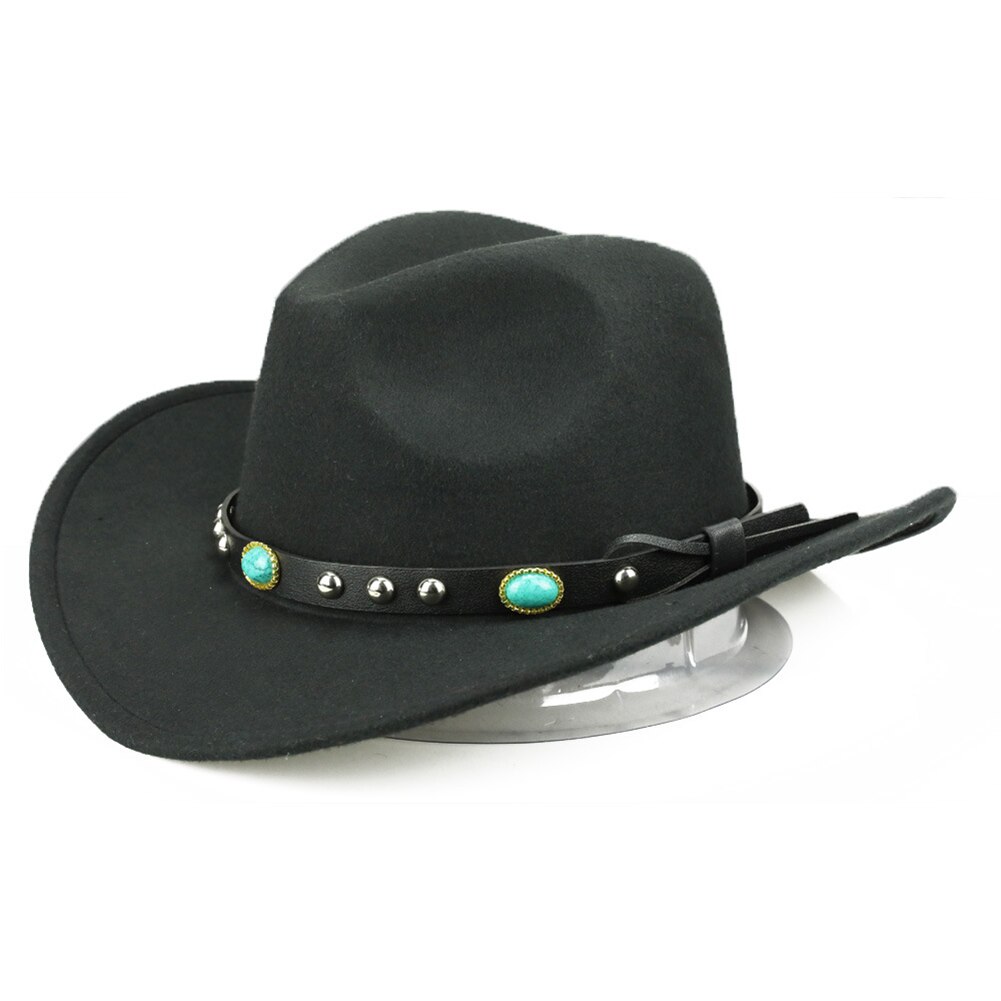Western Cowboy Hat Rivet Roll Up Wide Brim Turquoise Woolen Hat Sombrero Jazz Cap Men Monochrome Felt Hat Outdoor Hat Knight Hat