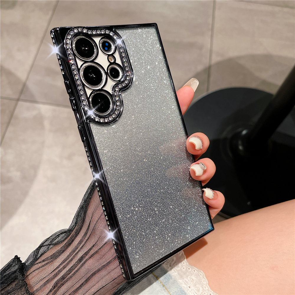 Custodia per telefono trasparente con diamanti con strass glitterati placcati di lusso per Samsung S23 ultra S22 più coperchio morbida e trasparente a colori sfumati: Eva / Beige