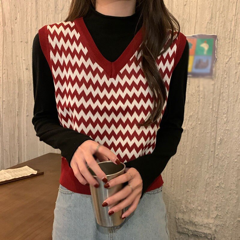 Korean Loose Knitted Sweater Vest Women Retro V-neck Sleeveless Sweater Vests Bottoming Tops