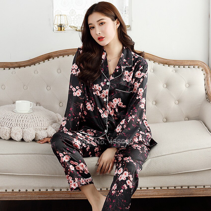Japansk stil silke nattøj sæt til kvinder blomster glat behageligt hjemmebrug langærmet pyjamas badning yukata kimono natkjole