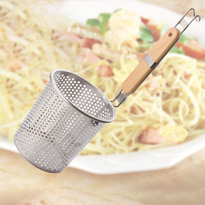 Roestvrij Staal Noodle Lepel Mesh Pasta Mand Met Houten Non Slip Handvat &amp; Staart Opknoping Haak Lichtgewicht Duurzaam Koken Gereedschap