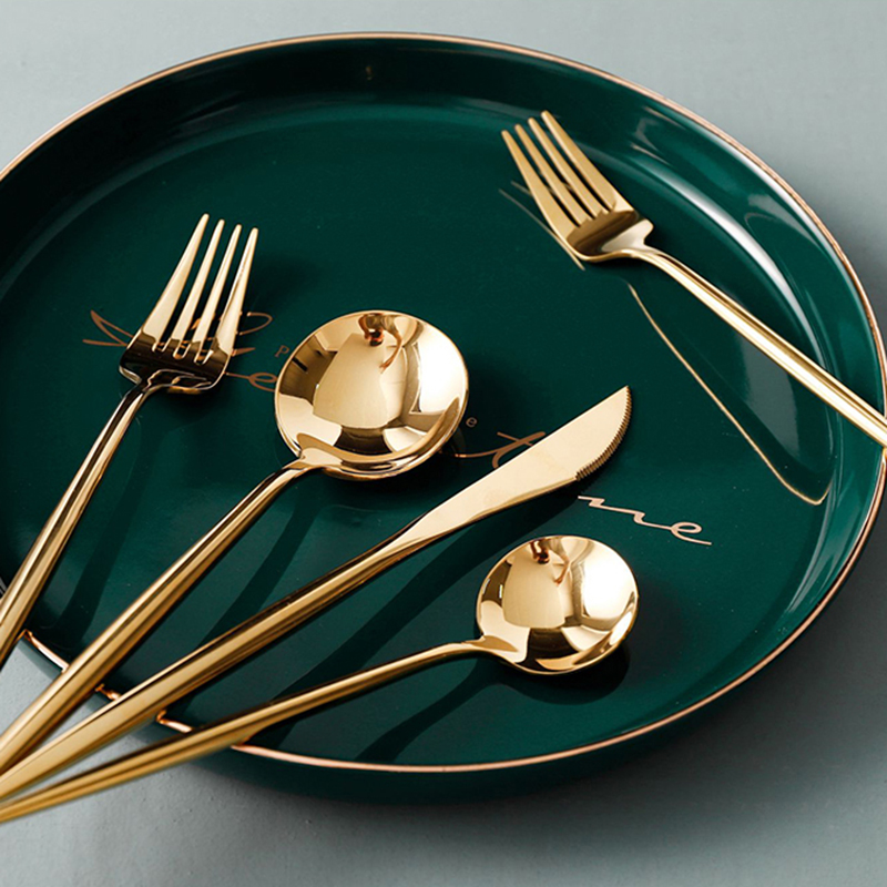 Golden Glossy Fork Knife Dinnerware Set Coffee Spoon Dessert Fork Chopsticks Kitchen Gadget Flatware Stainless Steel Tableware