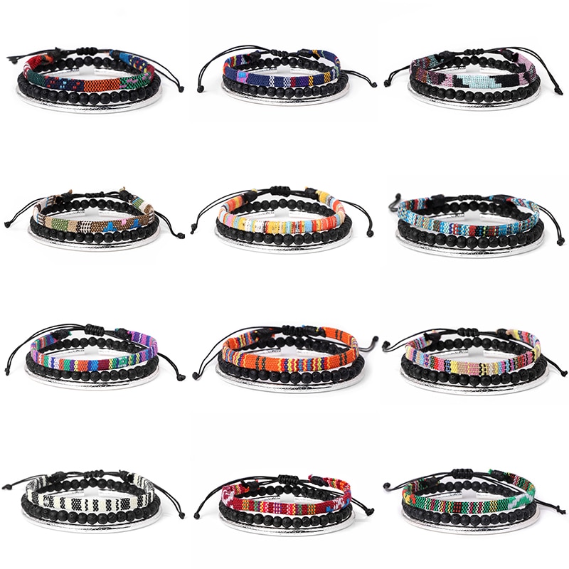 W stylu bohema z bawełny splot liny bransoletki przyjaźni dla kobiety mężczyźni Mini bransoletka z koralików Lava zestaw Handmade bransoletki biżuteria etniczna prezenty