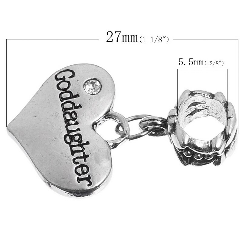DoreenBeads European Charm Pendants Heart antique silver Rhinestone"Goddaughter" About 27x16mm,Hole:About:5.5mm,10PCs