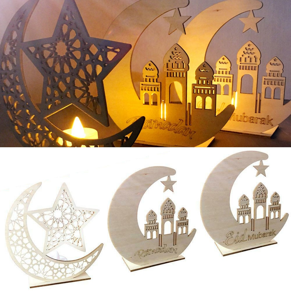 Led stearinlys lampe træ måne stjerne lys borddekoration eid mubarak belysning ramadan lys