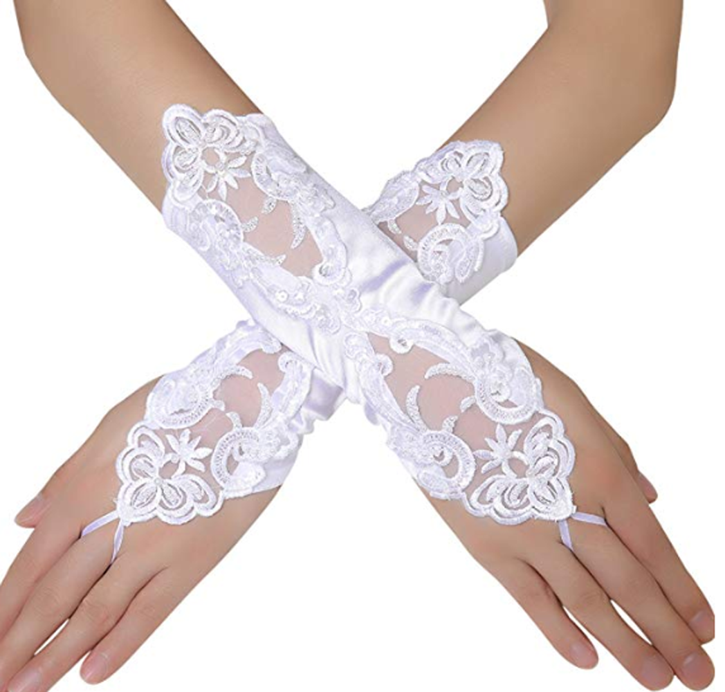 1 Pair Women Bride Long Lace Arm Elbow Gloves Lace Fingerless Gloves Black White: White3