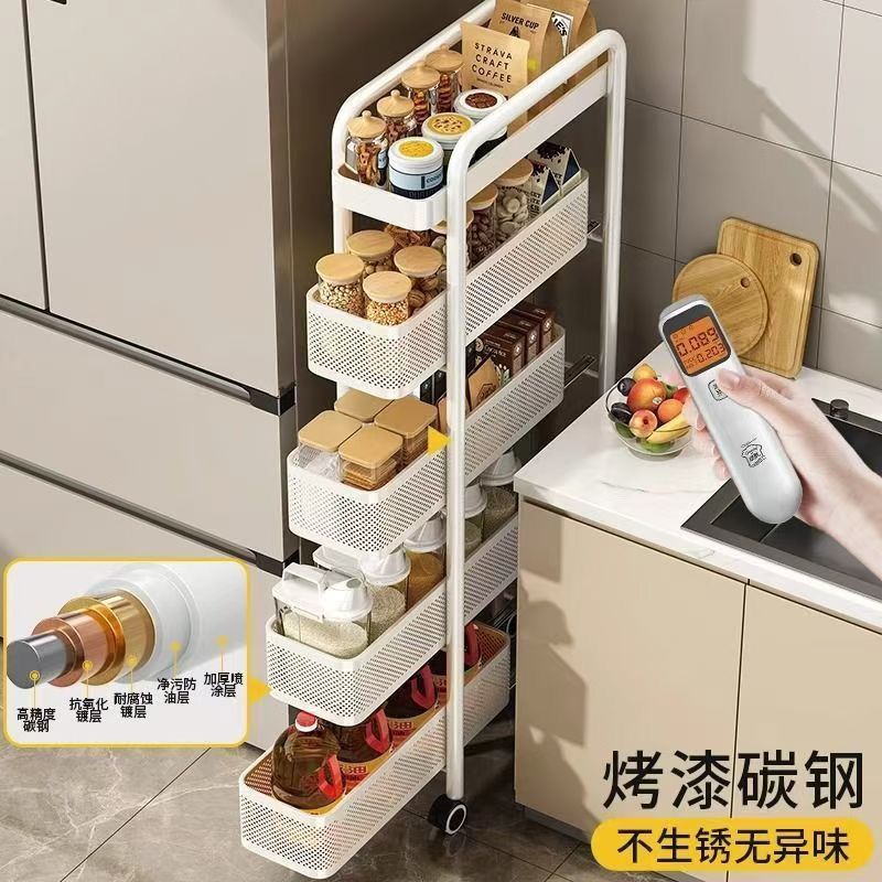 Rustfritt stål kjøkkenfugehylle kjøleskap sideuttrekkbart skap baderomsvogn veldig smal oppbevaringsskap