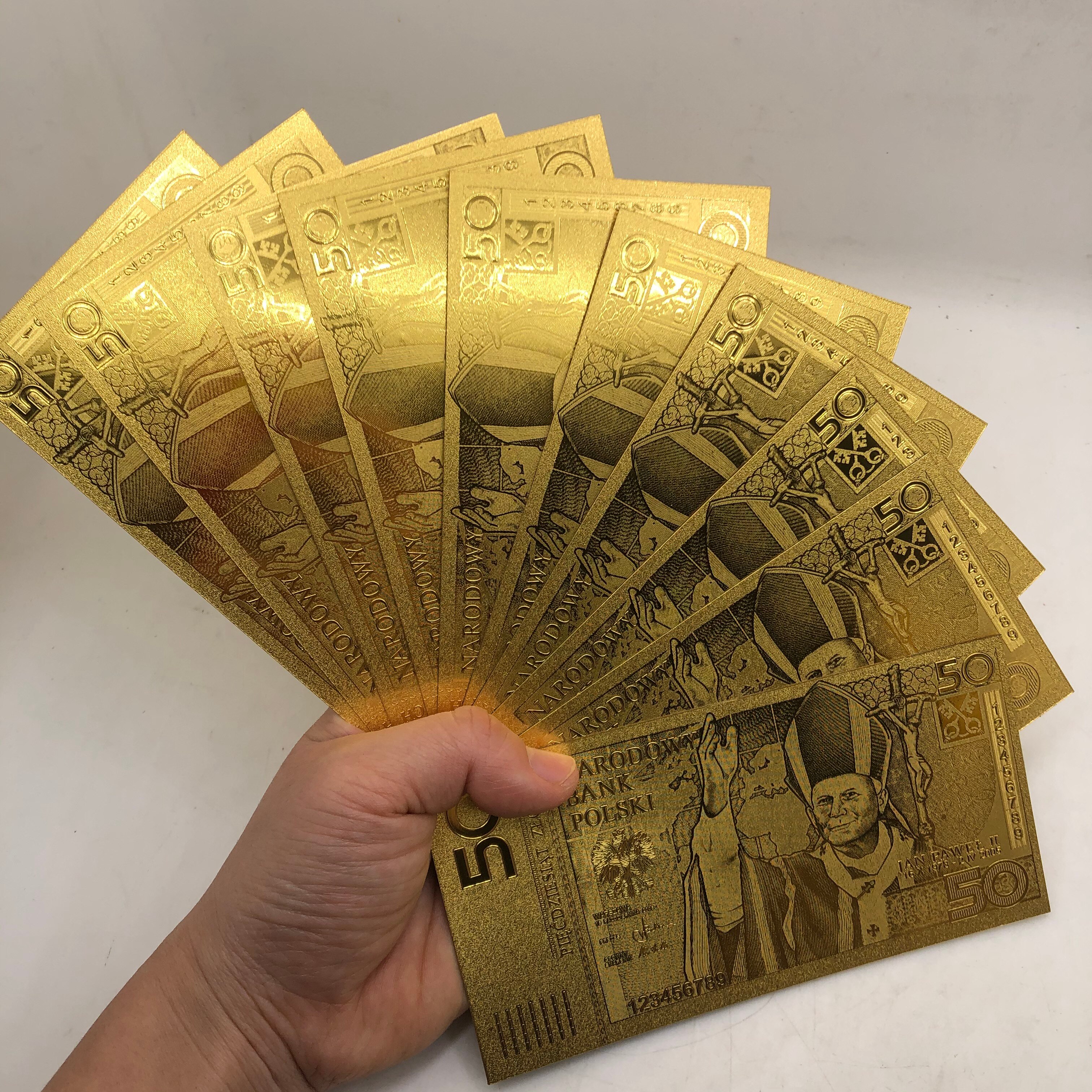 10Stck 50 PLN ZLOTY Polen Gold Farbe Banknote PAPST JOHANNES paul II Für sammlung 999 Gold für Souvenir sammlung: 10Stck