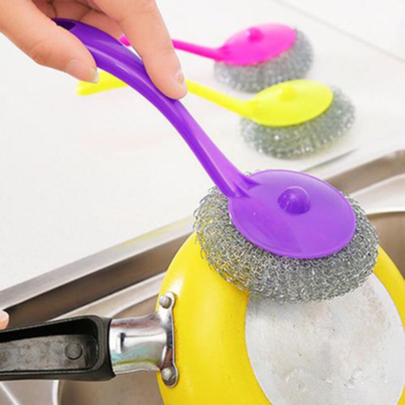 1 PC Stainless Steel Wire Dish Scourer Cleaning Ball Pan Pot Long Handle Brushes Scrubber Kitchen Pot Washing Tool